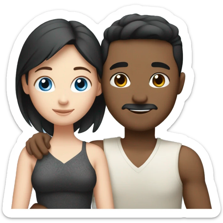 Friends hugging each other. Indian man, short black hair. White woman, blue eyes and brown hair sticker