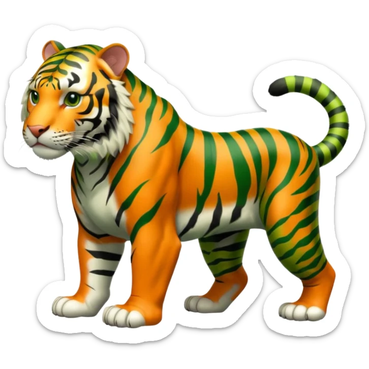 full body green tiger with black stripes, all fur green, muscular, on all fours, no orange sticker