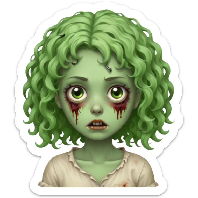 Uma garota zumbi com o cabelo cacheado baixo e mecha descolorida,olho meio grande e bonitos e rosto redondo bem fofinha e linda e com aparência de zumbi verde e meio assustadora com o semblante de cansada sticker