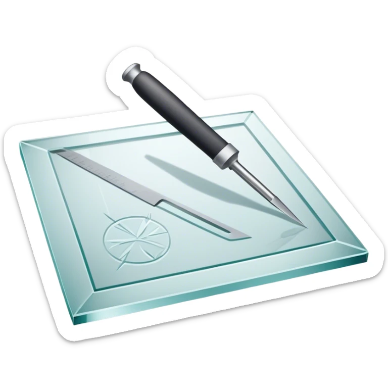 Glass carving icon, piece of glass being etched with carving tools, fine lines and patterns on the glass surface, glass cutter, minimalistic style, clean lines, transparent background. sticker