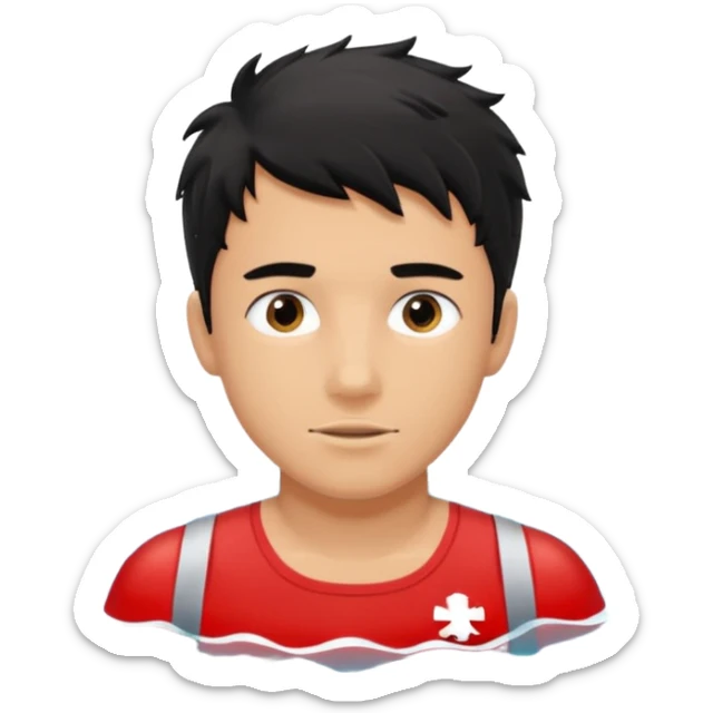 Lifeguard male tanned skin Teenager with Black messy hair swimming to rescue someone sticker