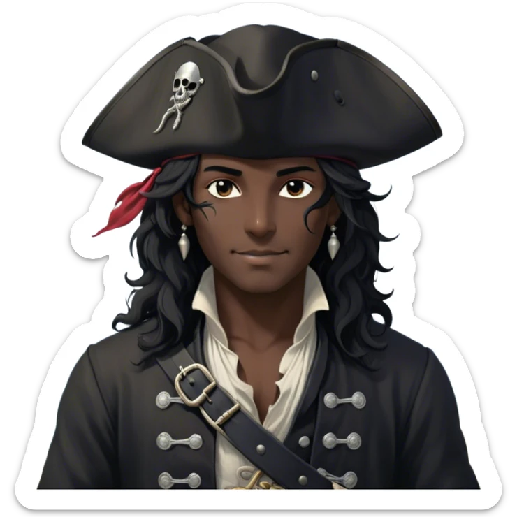 A charismatic pirate with wavy black hair that falls just past his shoulders, tousled slightly by the sea breeze. He wears a black tricorn hat with subtle silver embroidery along the edges, casting a shadow over his sharp, confident features. His piercing dark eyes glint with mischief as he gazes to the side, a knowing smile playing at his lips. His well-fitted black coat, adorned with polished silver buttons and intricate stitching, moves slightly with the wind, revealing glimpses of a deep-crimson waistcoat underneath. A silver chain dangles from his belt, catching the dim golden light of the setting sun. His posture is relaxed yet assured, exuding effortless charm as if he owns the sea itself. sticker