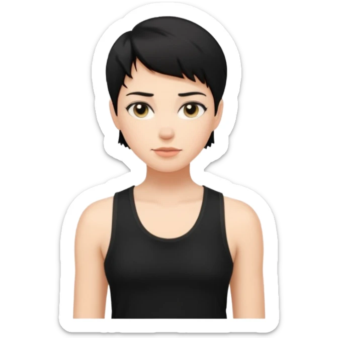 a white woman with short tomboy black hair wearing men's black tank top sticker