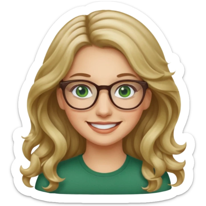 long wavy dirty blonde hair woman with green eyes and glasses smiling sticker