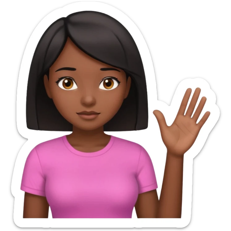 Dark skin girl asking for money with hand out make her more fabulous but still a clean look with a black bob and pink shirt  brown eye  sticker