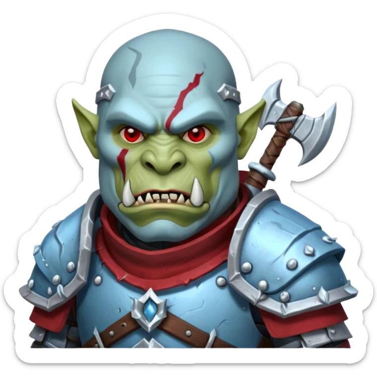 
Fantasy Christmas orc legion soldier icon, iron tundra army theme, heavy winter armor, disciplined brutal look, icy blue steel armor with deep crimson accents, frozen metal texture, cold winter atmosphere, male variant sticker