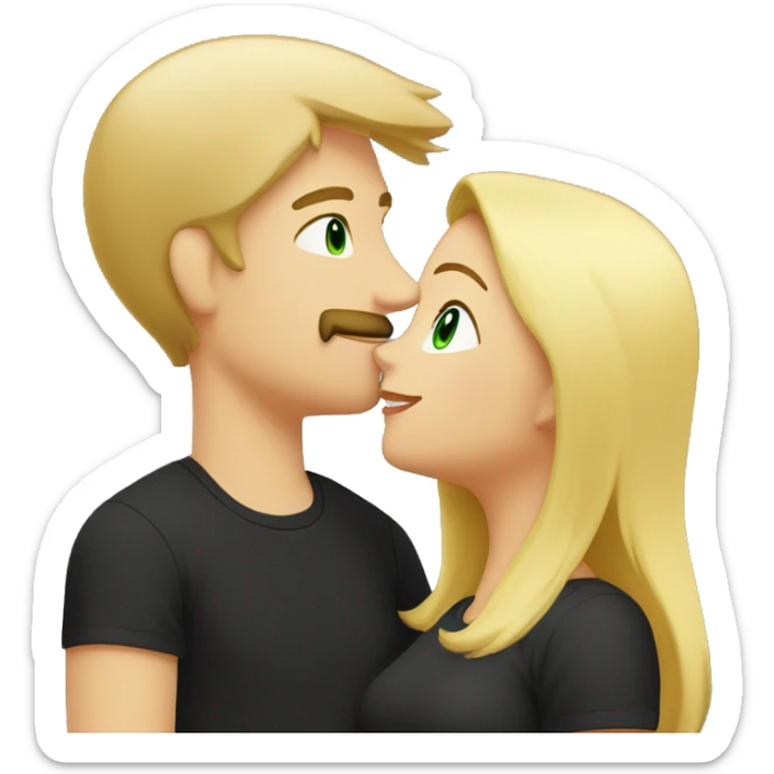 woman with green eyes and middle length blond straight hair in black t-shirt kissing a guy who is taller than her. He has blond hair, has a moustache and is wearing a grey t-shirt. sticker