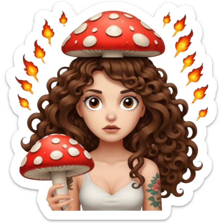 woman with long curly brown hair, brown eyes, white skin, tattoos, unimpressed stare while mushroom explodes behind her sticker