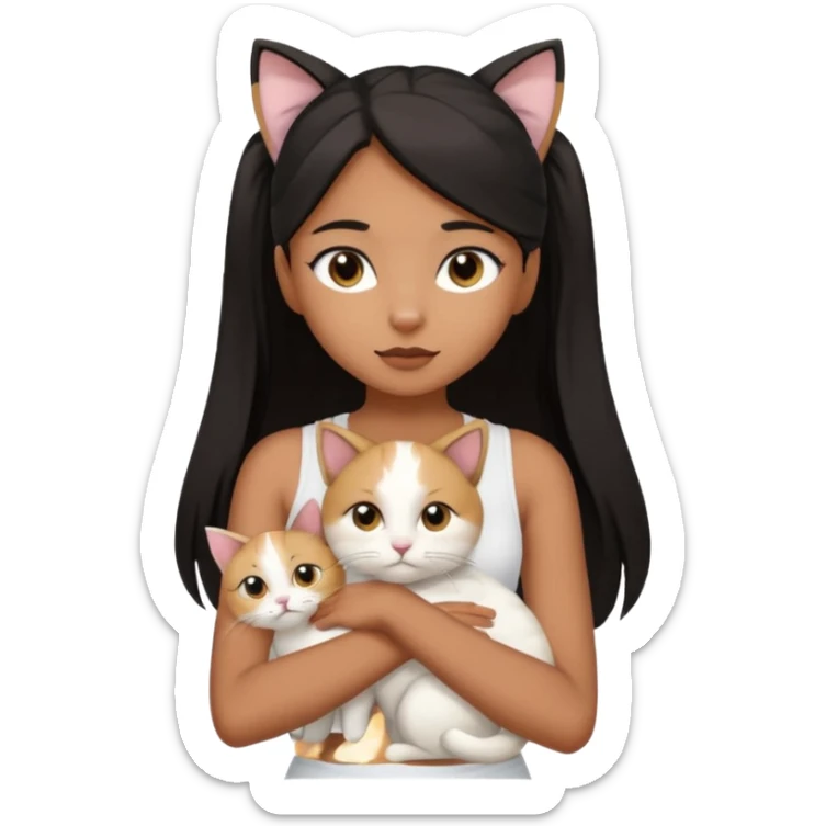 An brown skin Teenager girl with brown eyes, long black hair in a high ponytail, with a white crop top holding her white cat which has folded ears  sticker