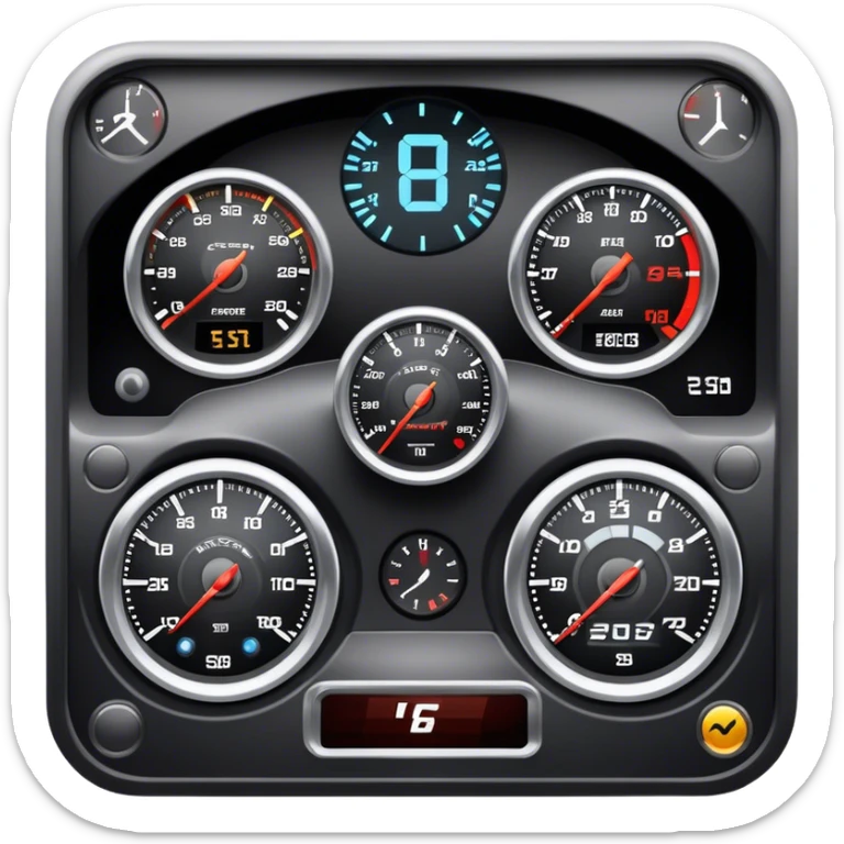 An icon showing a racing game interface, inspired by Grand Turismo. The design features a garage with a selection of high-performance cars, along with race track visuals in the background. Speedometer, lap timer, and other HUD elements add to the excitement. Transparent background sticker
