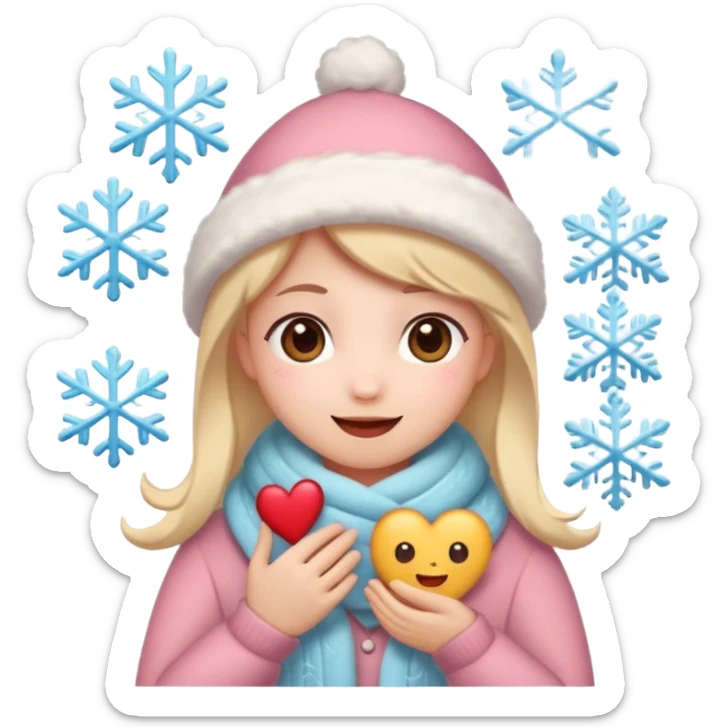 A kawaii Christmas emoji sticker, cozy winter vibes, soft colors, snowflakes, heart symbols, warm smile, cute and gentle style, festive and romantic.
 sticker