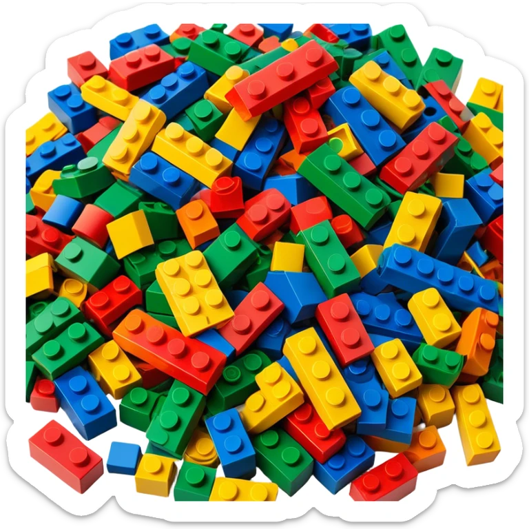 A photorealistic icon featuring a pile of colorful LEGO bricks scattered together in a messy heap. The design includes bright, detailed textures of the individual bricks, capturing the playful and creative essence of LEGO building. Transparent background, symbolizing LEGO construction. sticker