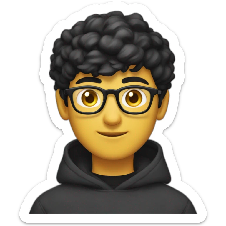 a light skin Pakistani teenager, wearing round glasses, short moustache, black hair, black jumper/sweater, structured manly face, yellow brimless cap sticker