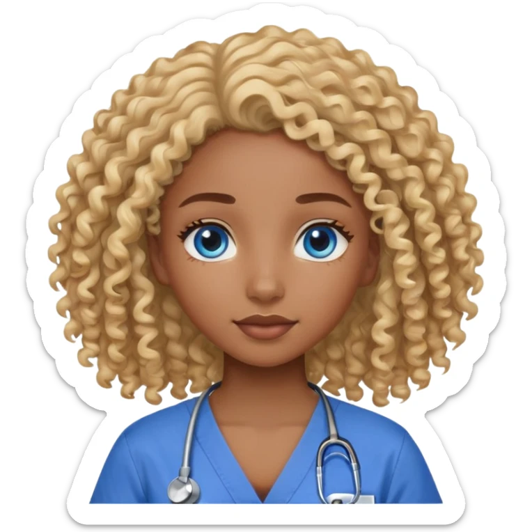 Black Girl with curly blonde hair and blue eyes in scrubs sticker