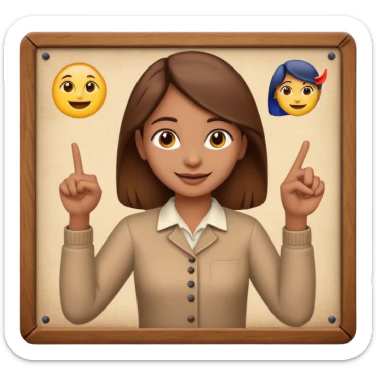 Make an emoji of a Indian origin but fair skinned girl with brown hair who is teaching how to make emojis on a board pointing to the board like a teacher sticker
