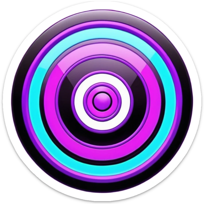 Futuristic glowing bullseye target emoji, neon purple and cyan holographic glow, dark background, digital tech style, abstract sparkles, no face. sticker