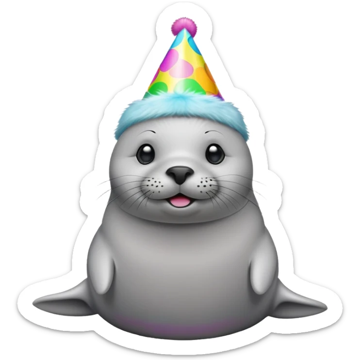 A cute seal wearing a colorful party hat, similar to a sustainable fuel plant logo sticker