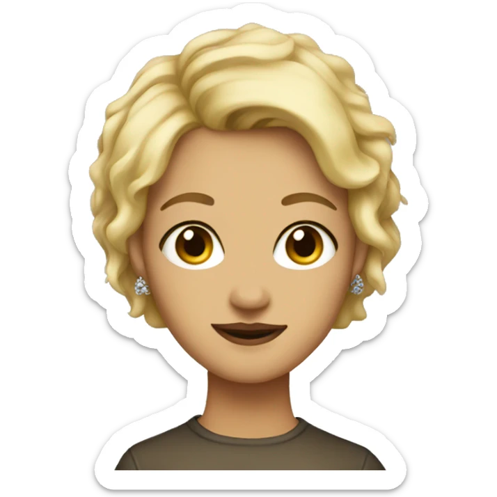 Blonde, short hair, brown eyes, wearing earrings in the form of paint sticker