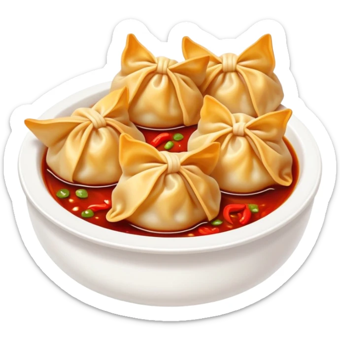 Sichuan spicy wontons in chili oil sauce, simplified emoji style with bold outlines and bright colors, cartoon style red Chinese dumplings Hongyan Chaoshou sticker