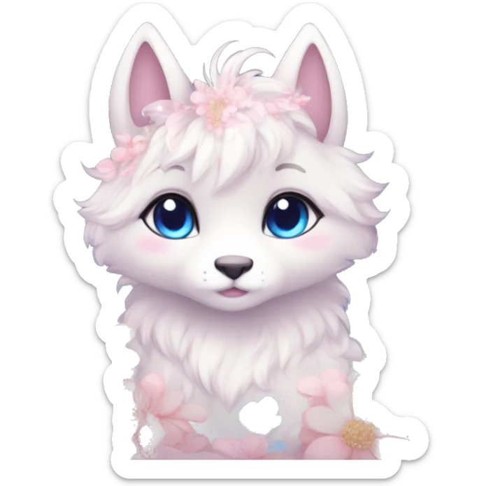 Anthro Cute Cool Blushing Pastel Innocent Shy Kawaii gorgeous sparkly ethereal fantasy animal creature with blue eyes furry sona with flowers and ribbons beautiful aesthetic sticker