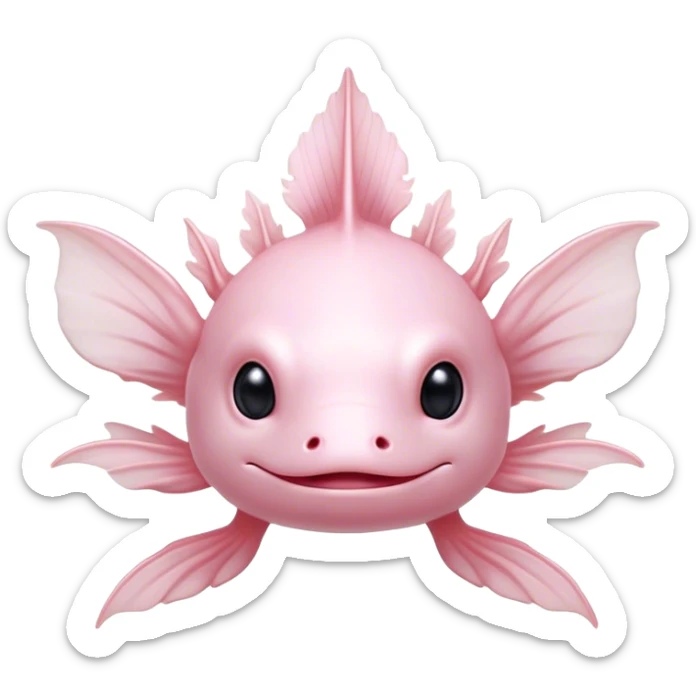 Cinematic Noble Axolotl Portrait Emoji, Poised and regal, with a slender, graceful build and smooth, pale pink skin adorned with feathery external gills, deep-set soulful dark eyes, Simplified yet sharp and sophisticated features, highly detailed, glowing with a soft, ethereal glow, high shine, intelligent and enigmatic, stylized with an air of aquatic elegance, focused and attentive, soft glowing outline, capturing the essence of a watchful and mystical creature, so majestic it feels as though it could glide out of the screen with effortless authority! sticker