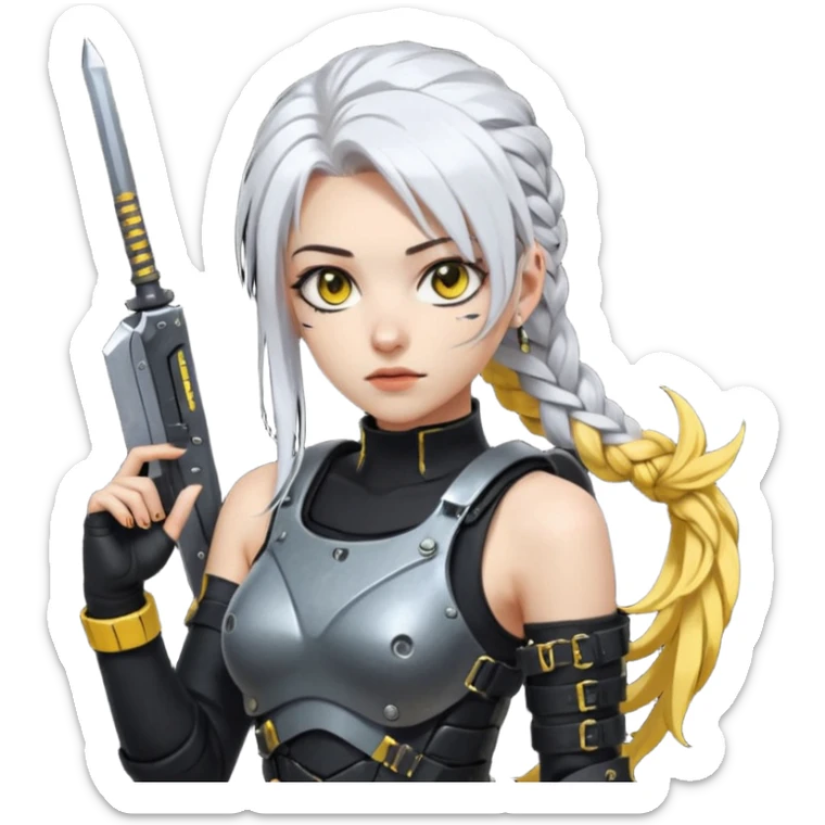  a closeup portrait of young woman with gold yellow eyes, white hair, long braid, black off-shoulder top d-cup, punk gothic style, futuristic cyberwave cyberpunk,  she has a plate carrier armor vest , and a old-style steel bulletproof combat helmet.  holding up a DAYZ combat knife sticker