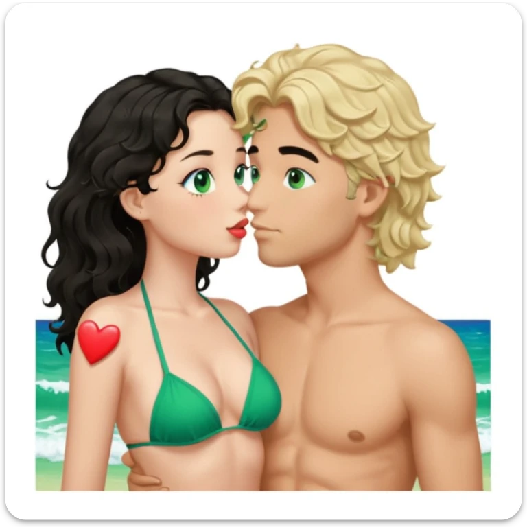 Blonde girl Green eyes wavy hair Green Bikini whole body Kissing man black Hair blue eyes Hearts in Body Background beach sticker