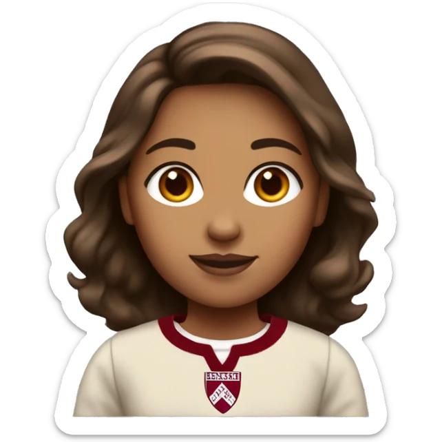 Girl with tan skin and brown hair wearing a dark red and white Harvard University sweater sticker