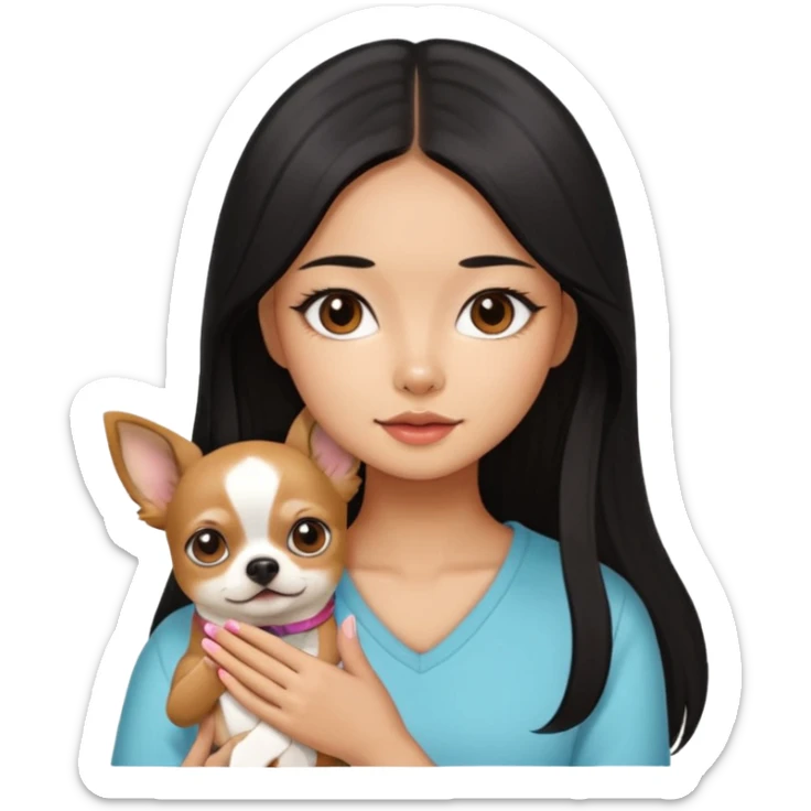 a pretty Asian girl with manicure holding a chihuahua in her, with the face of "i dont care" sticker