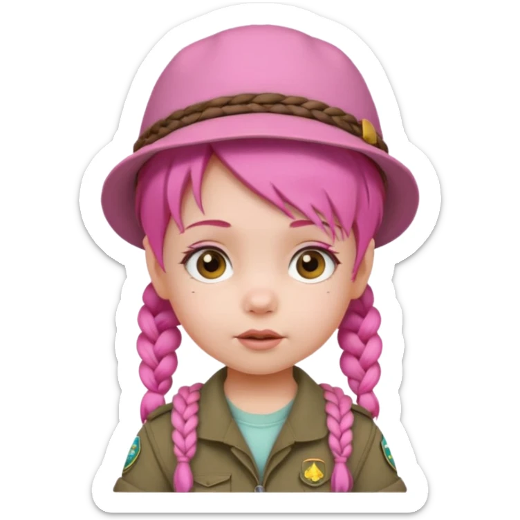 very small baby scout girl with pink hair and scout hat and braids sticker