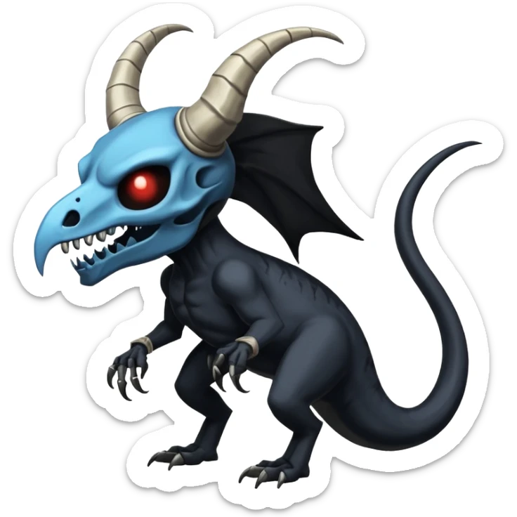 Shiny Dark Edgy  Duskull-Salandit-Inteleon-Amaura-Fakémon-hybrid-creature (full body) with a horned animal-skull-mask sticker