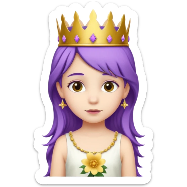 Princesses kid girl, with Gold Crown and flower on purple hair, with white dress sticker