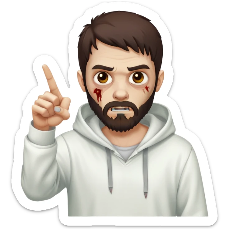 zombie pointing finger wearing white hoodie, with dark brown hair and short full beard sticker