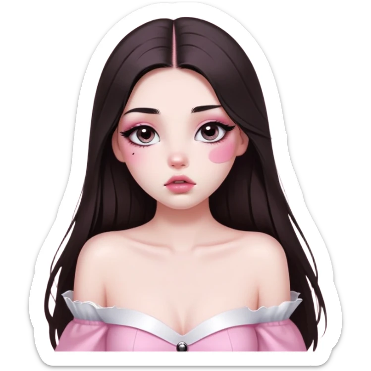 girl with white skin, dark brown long straight hair with middle part falling in front of her body, very big pouty extra shiny lips with absolutely no cupid's bow, big round shiny eyes with black eyeballs and huge eyelashes, no eyeshadow, pink blush on cheeks, lighter button nose, very long oval-shaped face, wearing a pink off-shoulder top, looking directly at camera with hands down at sides sticker