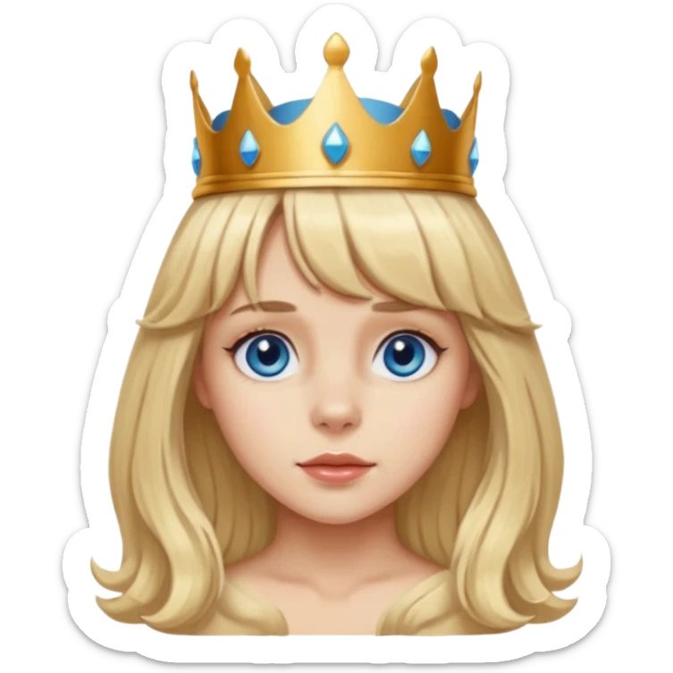 simple Blonde girl with bangs, long seductive hair and blue eyes, and a simple crown. giving cockerspaniel energy head only sticker