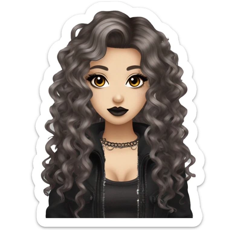 hime gyaru girl goth, punk, grunge, dark brown hair, curls, dark makeup sticker