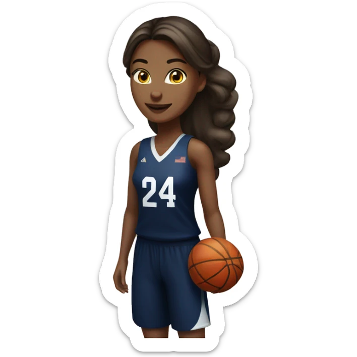 Basketball brunette female player wearing navy blue jersey that has the number 24 & holding a basketball sticker