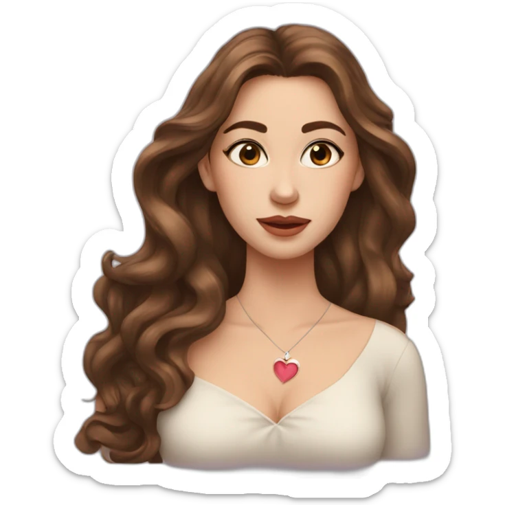 white beautiful woman, brown wavy hair covering one eye, heart gesture, long earrings sticker
