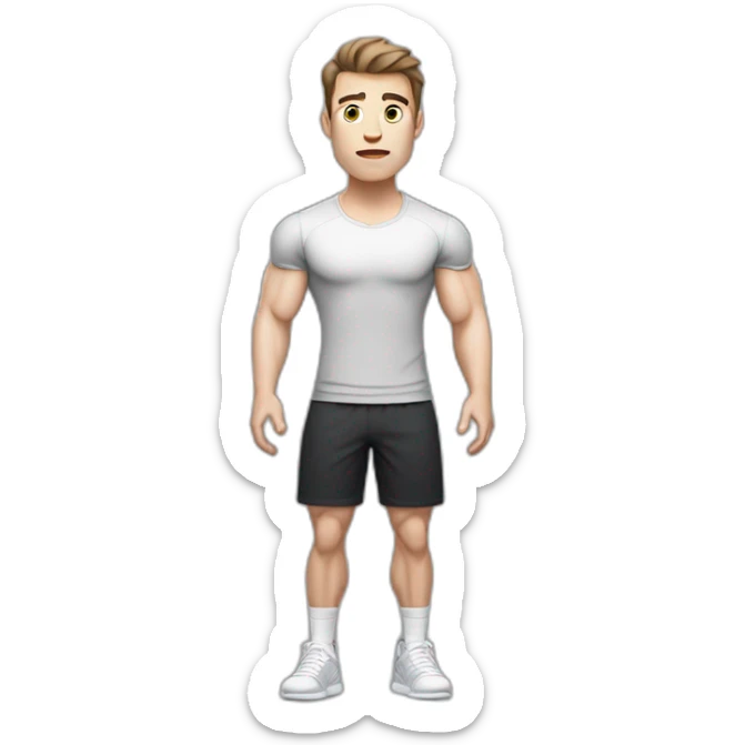 Confused Pale skinned Fit Man With the biceps and dark brown hair in black shirt, gray sports shorts and white Sneakers sticker