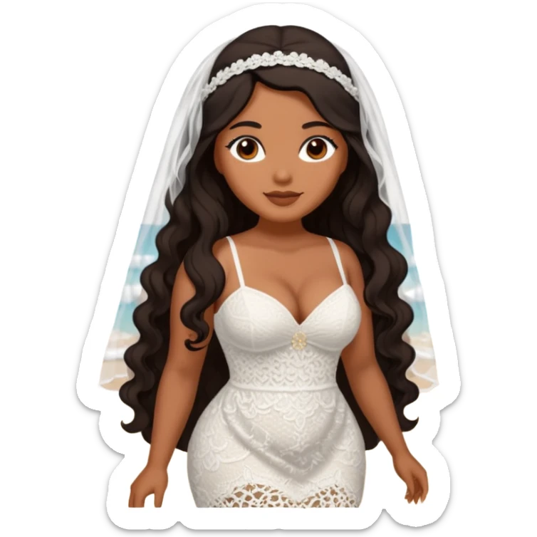 Curvy woman with brown skin with long wavy black hair, brown eyes. She's wearing a white crotchet dress getting married on a beach sticker