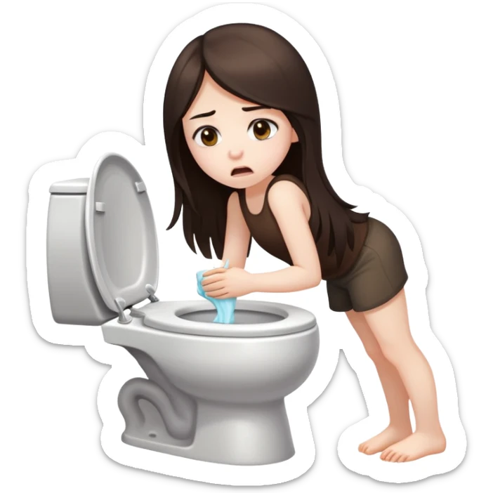 girl with long dark brown hair and pale skin vomits into a toilet sticker