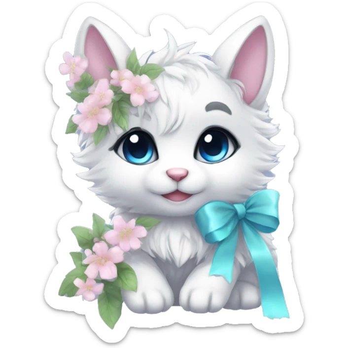 Anthro Cute Cool Blushing Pastel Innocent Shy Kawaii gorgeous sparkly ethereal fantasy animal creature with blue eyes furry sona with flowers and ribbons beautiful aesthetic sticker