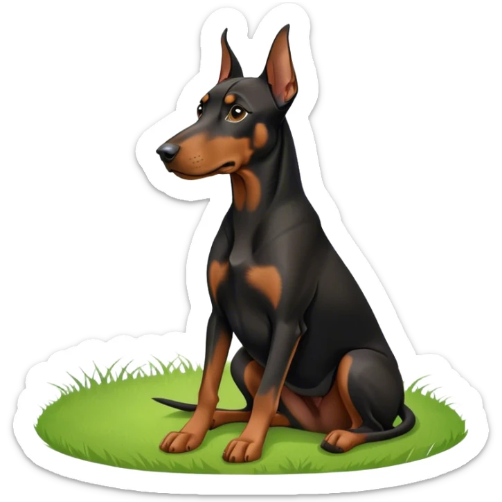 Close-up of a Doberman Pinscher sitting on lush green grass, looking alert and majestic. The background features a beautiful, serene nature view with rolling hills and bright blue skies. The dog’s sleek black and tan coat shines under the sun. Transparent background. sticker