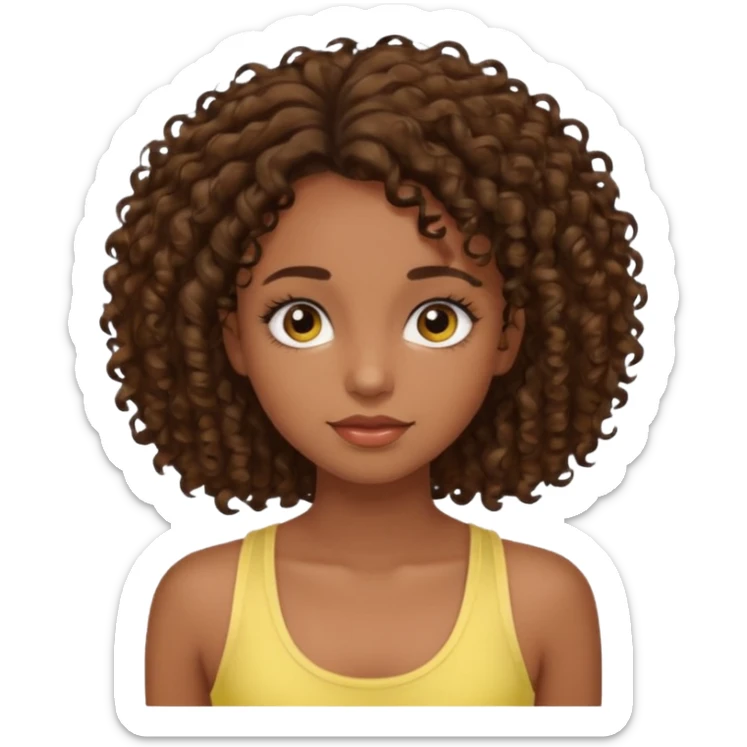 girl with dark skin and brown curly hair, long eyelashes, wearing a light yellow tank top sticker