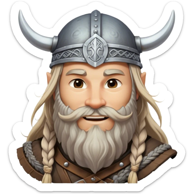 Clash of Clans aesthetic: Beautiful and Majestic Viking Portrait Emoji, Rendered in serene confidence with a gentle, enigmatic smile and a refined, weathered Viking helmet, showcasing a noble, sturdy build with long braided hair and a dignified beard, his face in natural skin tone, Simplified yet exquisitely endearing features, highly detailed, glowing with a soft, majestic Nordic light, high shine, calm and heroic, stylized with an air of timeless Norse elegance, soft glowing outline, capturing the essence of a majestic Viking whose noble spirit inspires epic quests! sticker