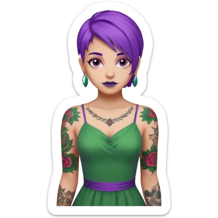 women with tatoos and hightlight that tatoos with purple hair and green dress sticker