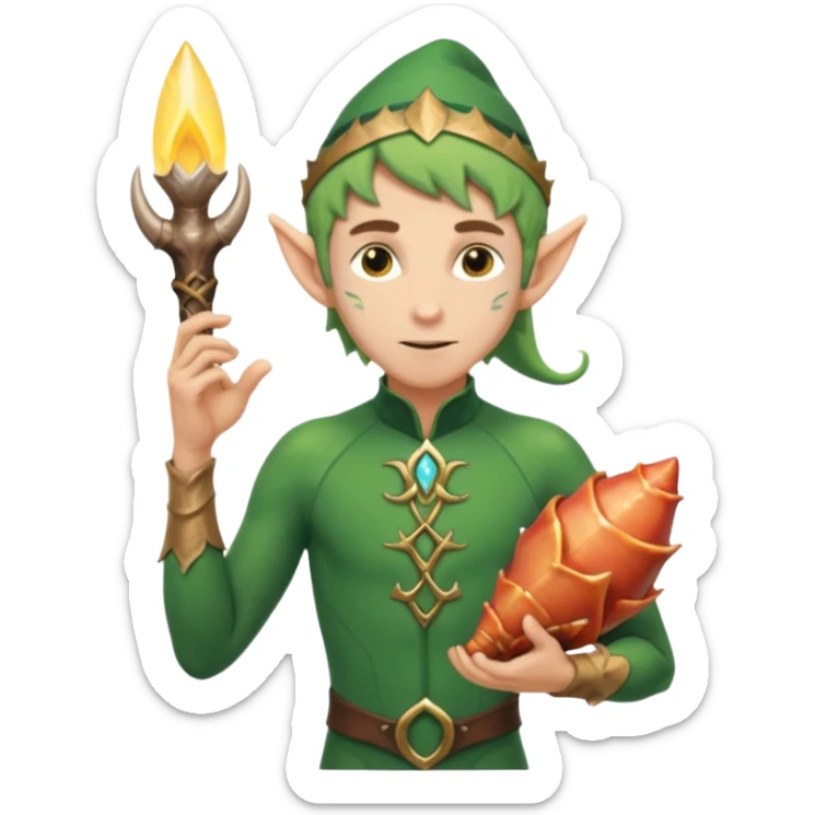 elf male Short wetsuit-style garb, glowing runes on skin, holding a conch horn. sticker