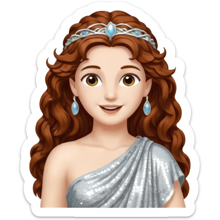 Diana, Goddess of Moon from Roman Deities with long dark auburn wavy hair, silver sequin toga sticker