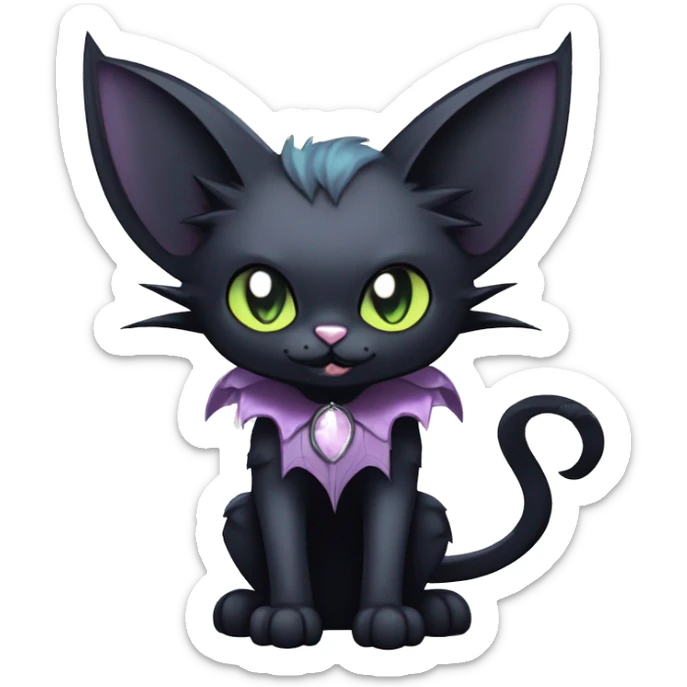   cool edgy kawaii anime-style ethereal dark-punk-themed animal vampiric cat-hybrid Fakemon with fangs and bat-wing-ears with a collar full body sticker