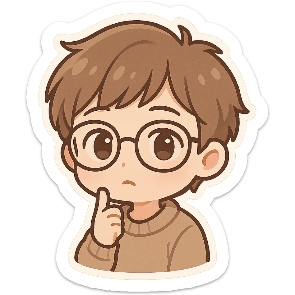 joven chibi de cabello castaño claro y piel clara, con gafas y gesto de estar pensando sticker